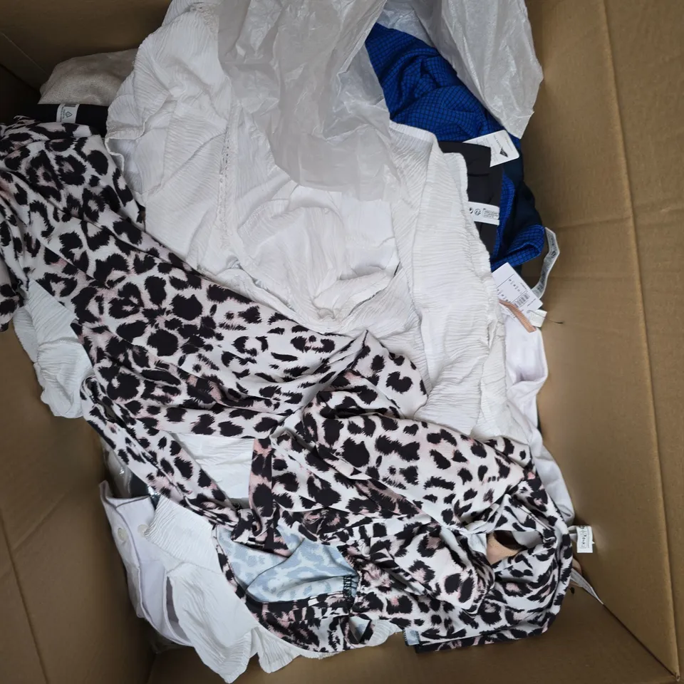 BOX OF APROX 20 ASSORTED ITEMS OF CLOTHING IN VARIOUS STYLES, COLOURS AND SIZES - COLLECTION ONLY  