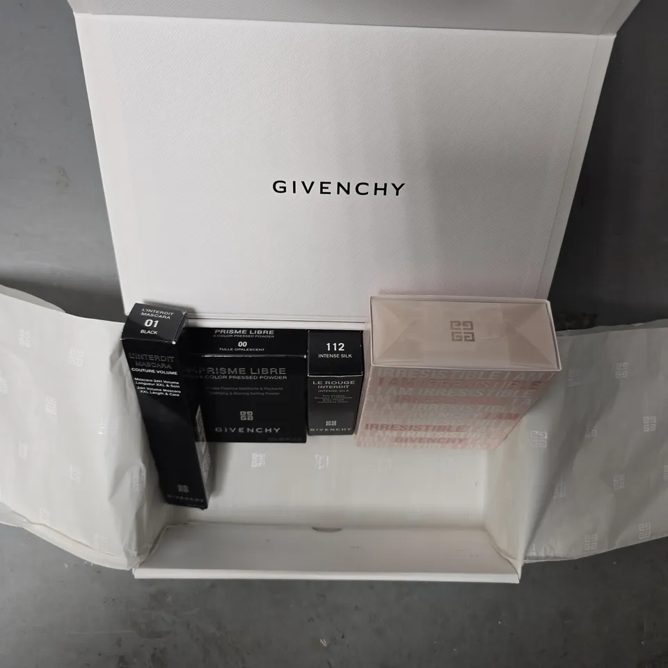 GIVENCHY GIFT BOX - IRRESISTIBLE 80ML EDP - MASCARA 01 - PRISME LIBRE POWDER - LE ROUGE INTERDIT 112