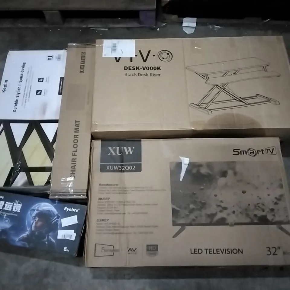 PALLET CONTAINING ASSORTED PRODUCTS INCLUDING COMPUTER DESK, BLACK DESK RISER, LED TELEVISION, CHAIR FLOOR MAT & TELESCOPE
