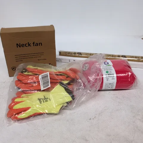 BOX OF APPROXIMATELY 20 ASSORTED ITEMS TO INCLUDE SAFETY GLOVES, NECK FAN, WOOL, LED LONG SENSE LIGHT ETC