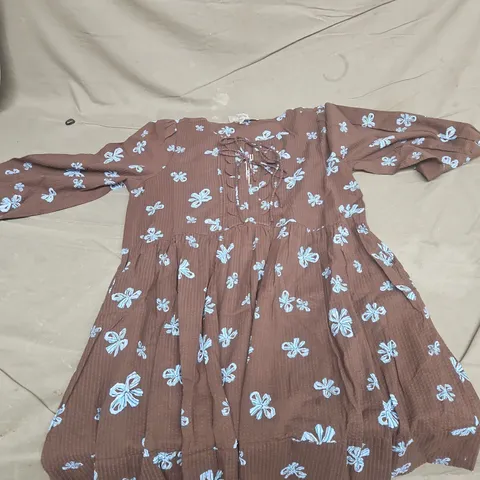 OLIVER BONAS DRESS – BROWN WITH BLUE FLORAL PRINT UK 10