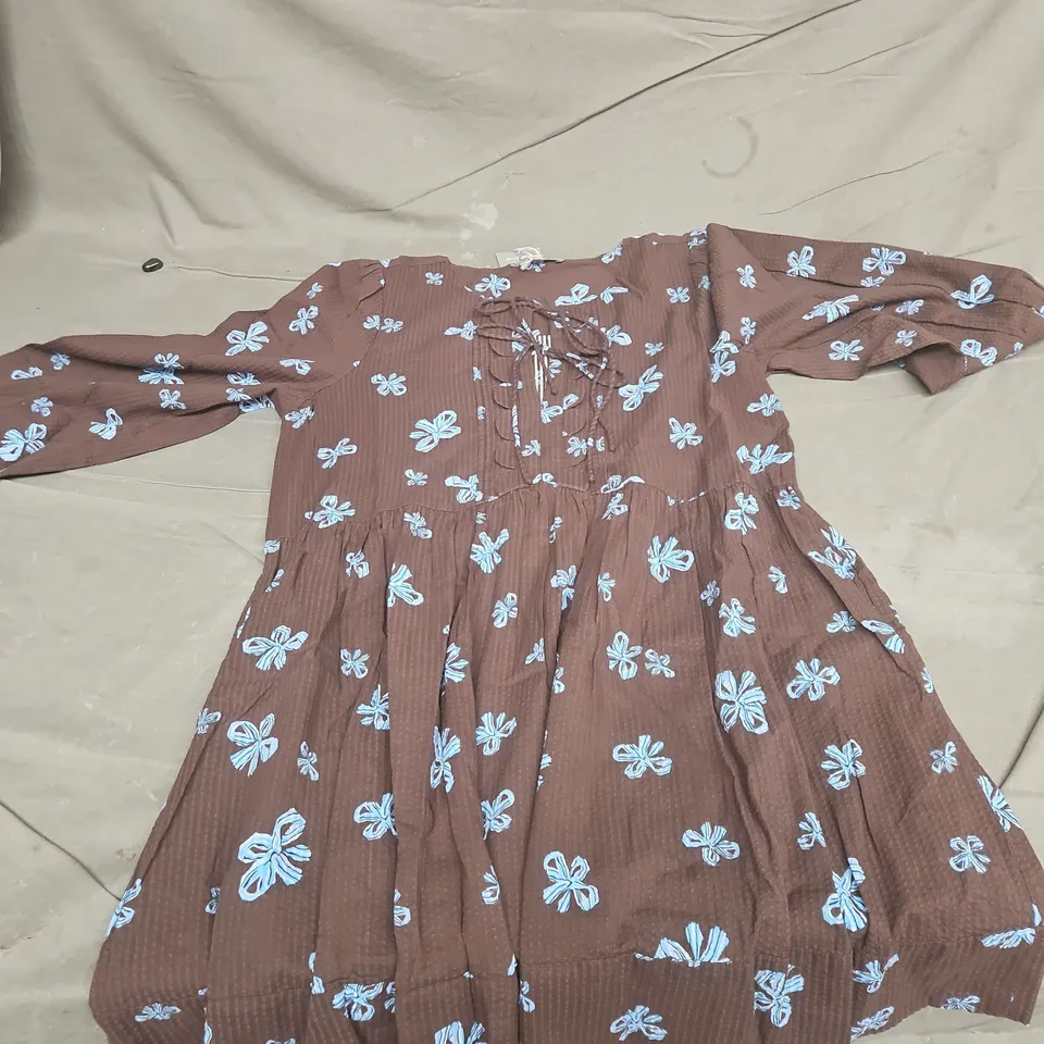 OLIVER BONAS DRESS – BROWN WITH BLUE FLORAL PRINT UK 10