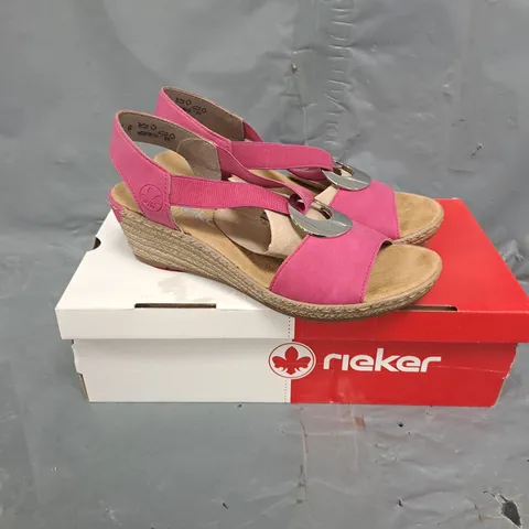 BOXED PAIR OF RIEKER OPEN TOE WEDGE SANDALS IN PINK - SIZE 4