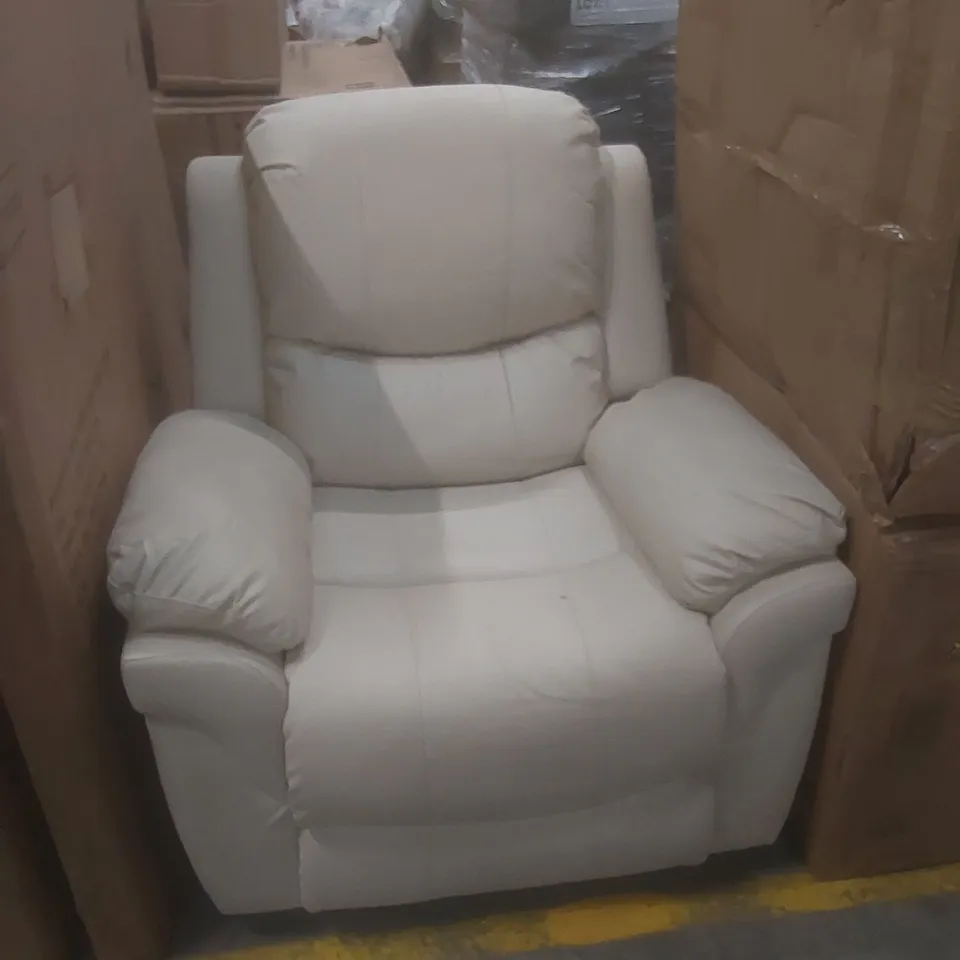 DESIGNER FAUX CREAM LEATHER UPHOLSTERED MANUAL RECLINER CHAIR