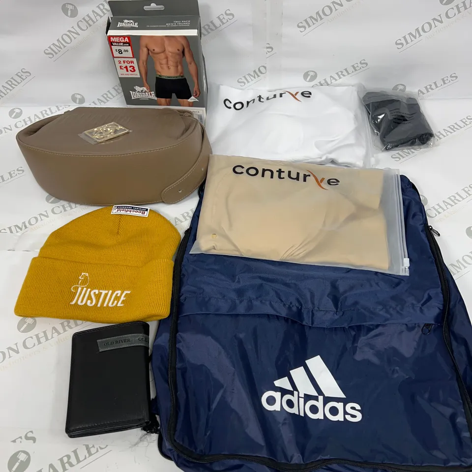 MEDIUM BOX OF ASSORTED ACCESSORIES TO INCLUDE BAGS, HATS AND UNDERWEAR