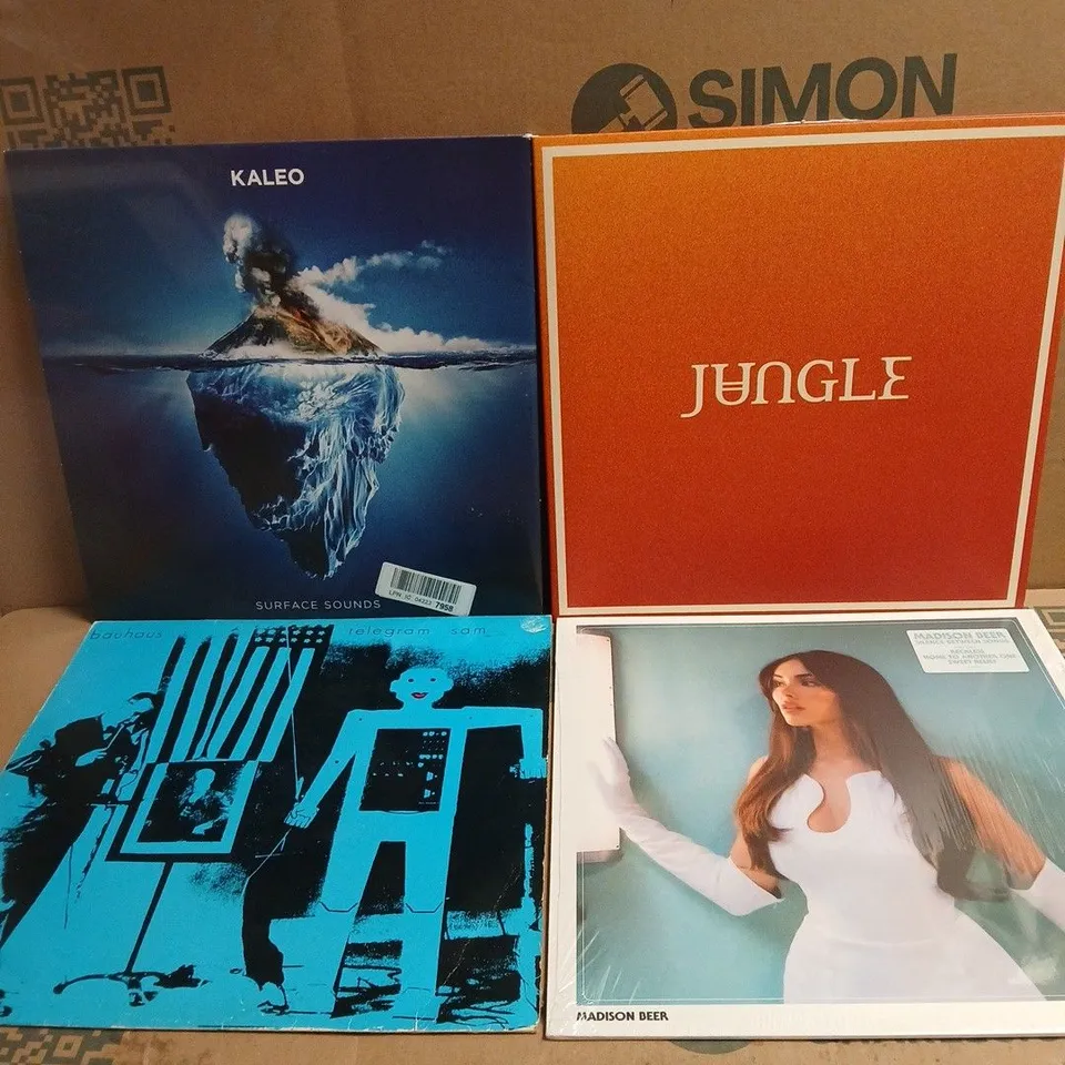 TOTE OF APPROXIMATELY 10 ASSORTED VINYLS TO INCLUDE BAUHAUS, JUNGLE, KALEO, MADISON BEER ETC