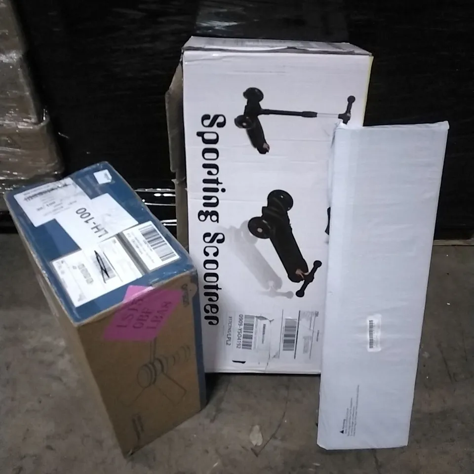 PALLET OF HOUSEHOLD ITEMS TO INCLUDE SCOOTER, AIR VENT COVER, CEILING FAN WITH LIGHT AND OTHER ASSORTED ITEMS...