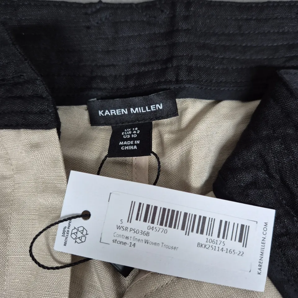 KAREN MILLEN STONE LINEN-WOVEN TROUSERS, UK 14