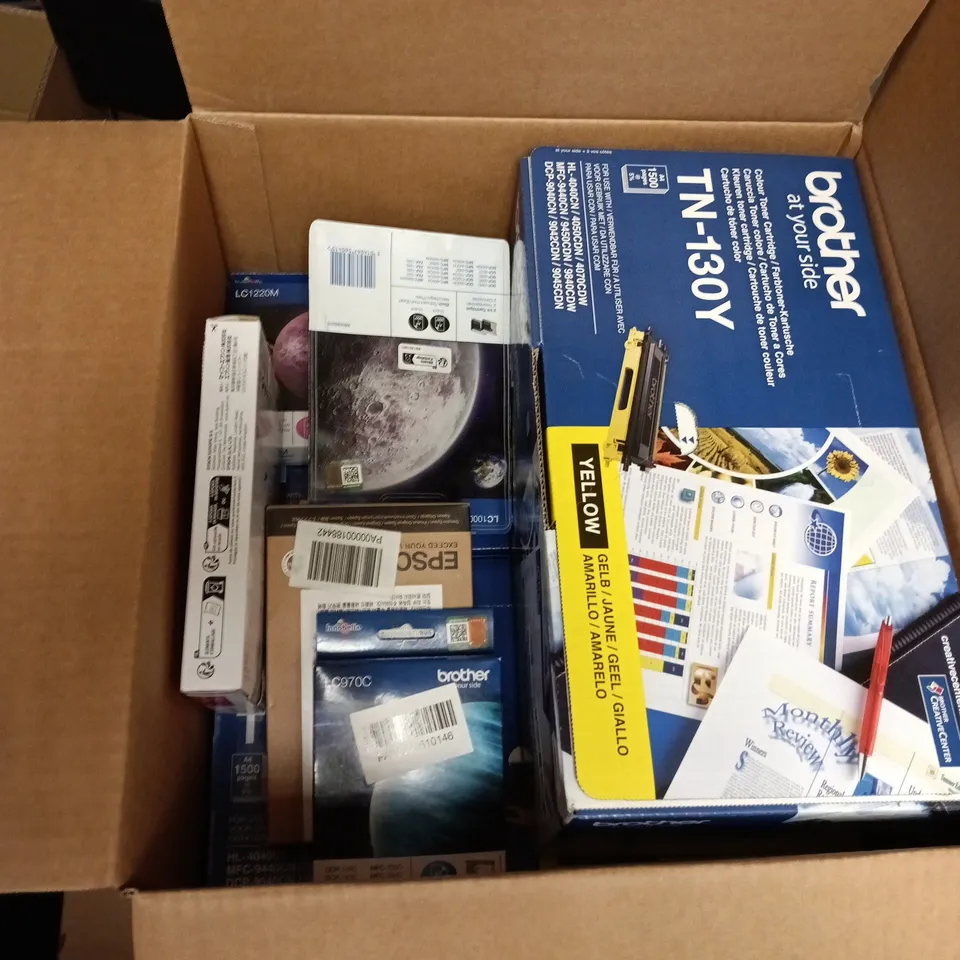 LARGE QUANTITY OF ASSORTED ITEMS TO INCLUDE BROTHER COLOUR TONER CARTRIDGE, EPSON MAGENTA CARTRIDGE, VARIOUS BROTHER COLOURED CARTRIDGES ETC - COLLECTION ONLY