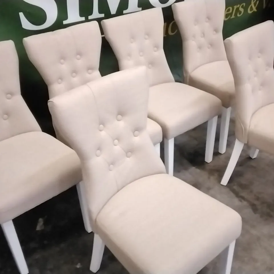 6 CREAM FABRIC BUTTONBACK DINING CHAIRS WITH WHITE PAINTED WOODEN LEGS