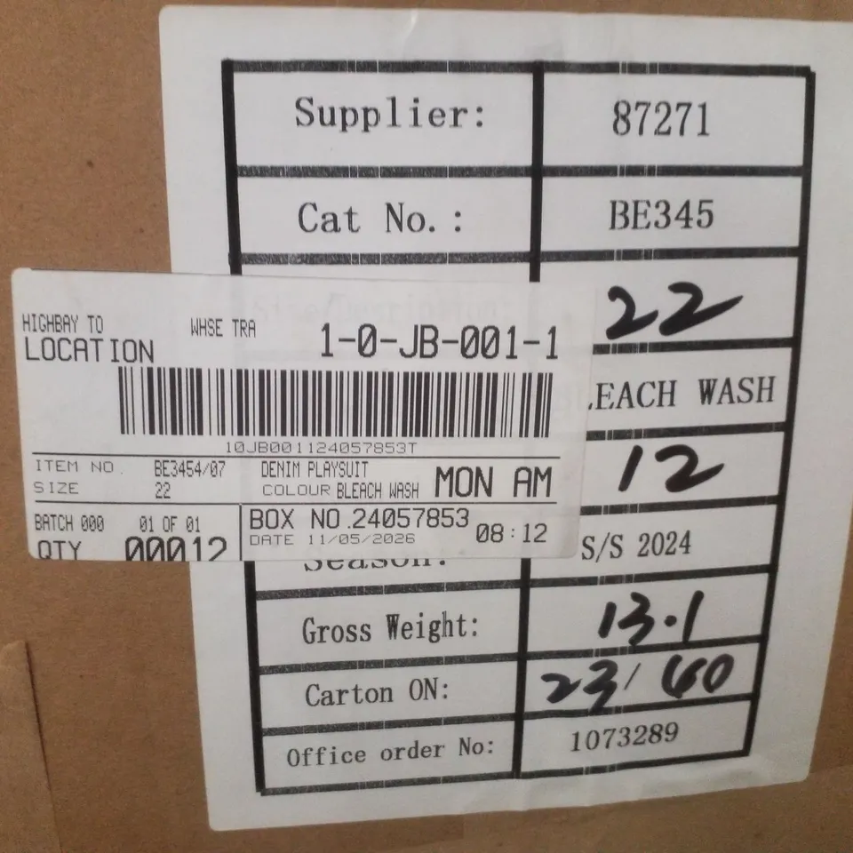 BOX CONTAINING APPROXIMATELY 12 BRAND NEW SIMPLY BE BLEACH WASH DENIM PLAYSUITS - SIZE 22