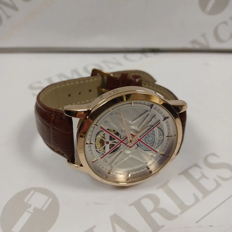 MENS VONLANTHEN AUTOMATIC WATCH – SILVER AND RED TEXTURED DIAL - GLASS EXHIBITION BACKCASE – BROWN LEATHER STRAP
