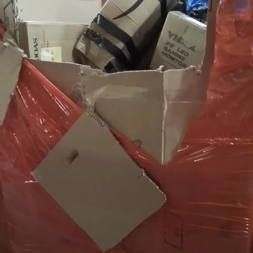 PALLET OF ASSORTED HOUSEHOLD GOODS AND PRODUCTS TO INCLUDE;MONITOR,COOKER HOOD