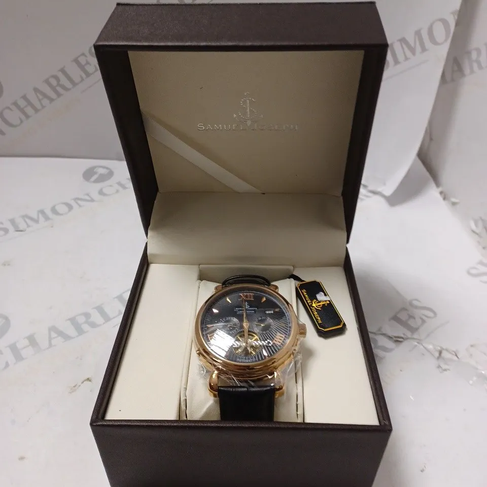 BOXED SAMUEL JOSEPH AUTOMATIC ROSE BLACK WATCH WITH LEATHER STRAP