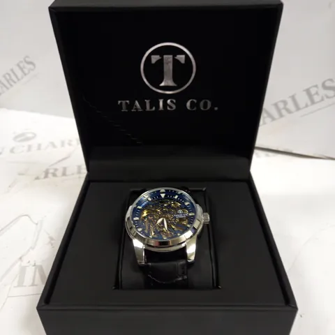 MENβS TALIS CO 7820 AUTOMATIC WATCH β BLUE SKELETON DIAL β BLACK LEATHER STRAP β GLASS BACKCASE