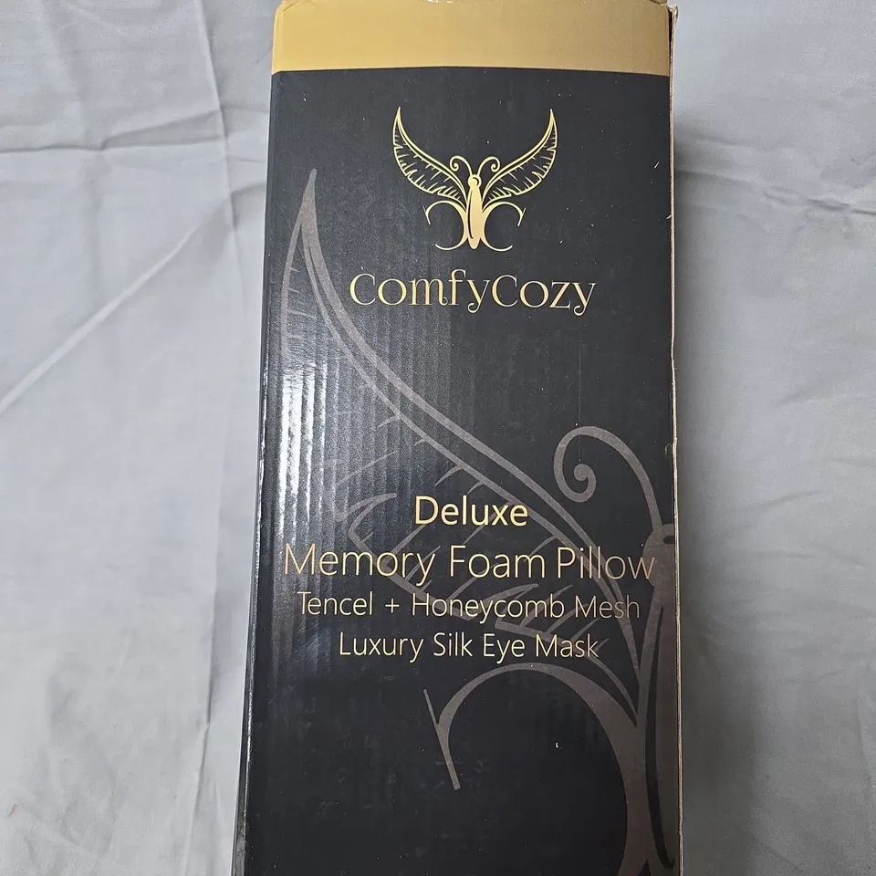 COMFYCOZY DELUXE MEMORY FOAM PILLOW WITH SILK EYE MASK – BOXED