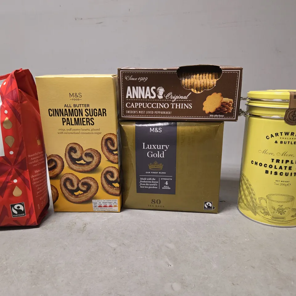 TOTE OF APPROXIMATELY 10 ASSORTED FOOD ITEMS TO INCLUDE - M&S CINNAMON SUGAR PALMIERS , ANNAS CAPPUCCINO THINS , TRIPLE CHOCOLATE CHUNK BISCUITS ETC