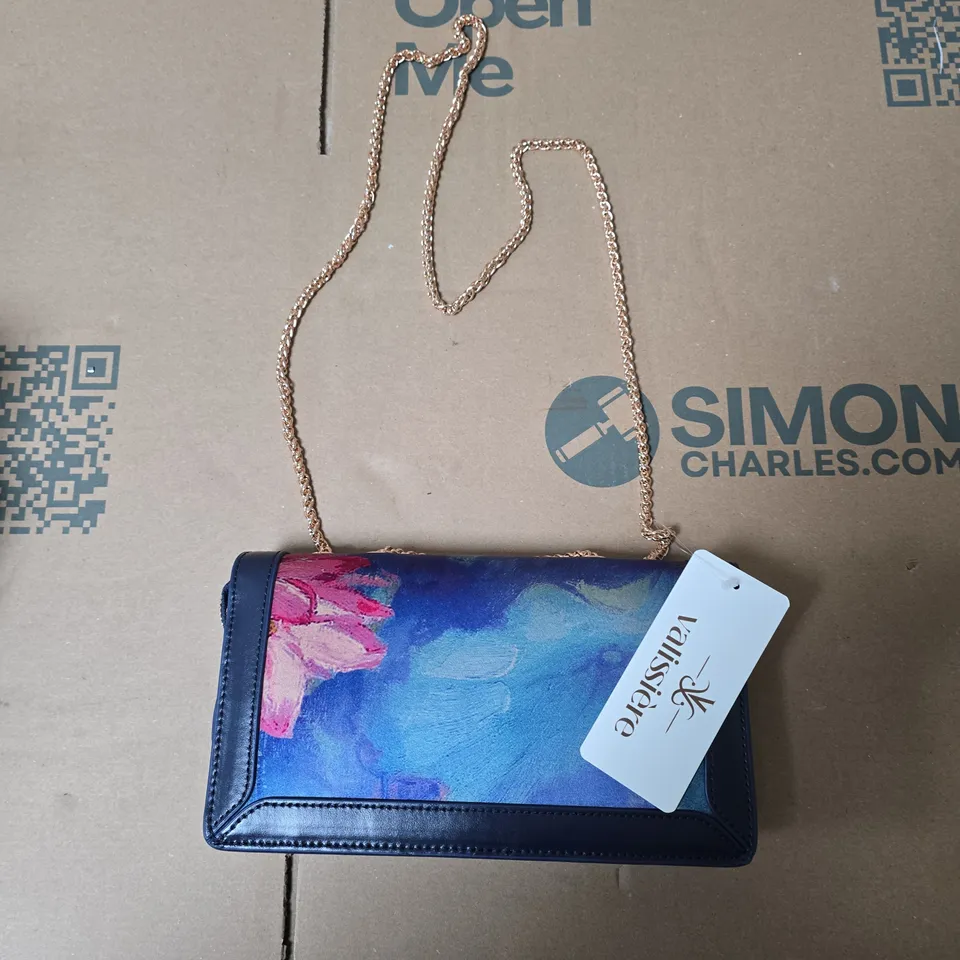 VALISSIÉRE NAVY FLORAL CLUTCH BAG WITH CHAIN STRAP – BOXED