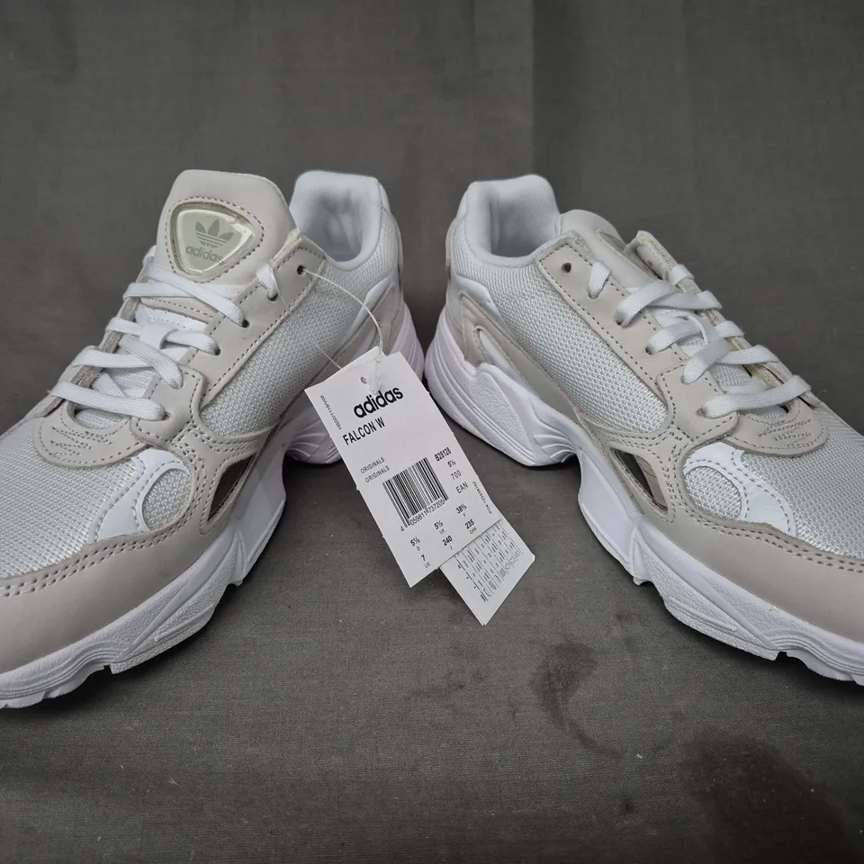 BOXED PAIR OF ADIDAS WOMEN'S FALCON SHOES IN WHITE/OFF WHITE UK SIZE 5.5