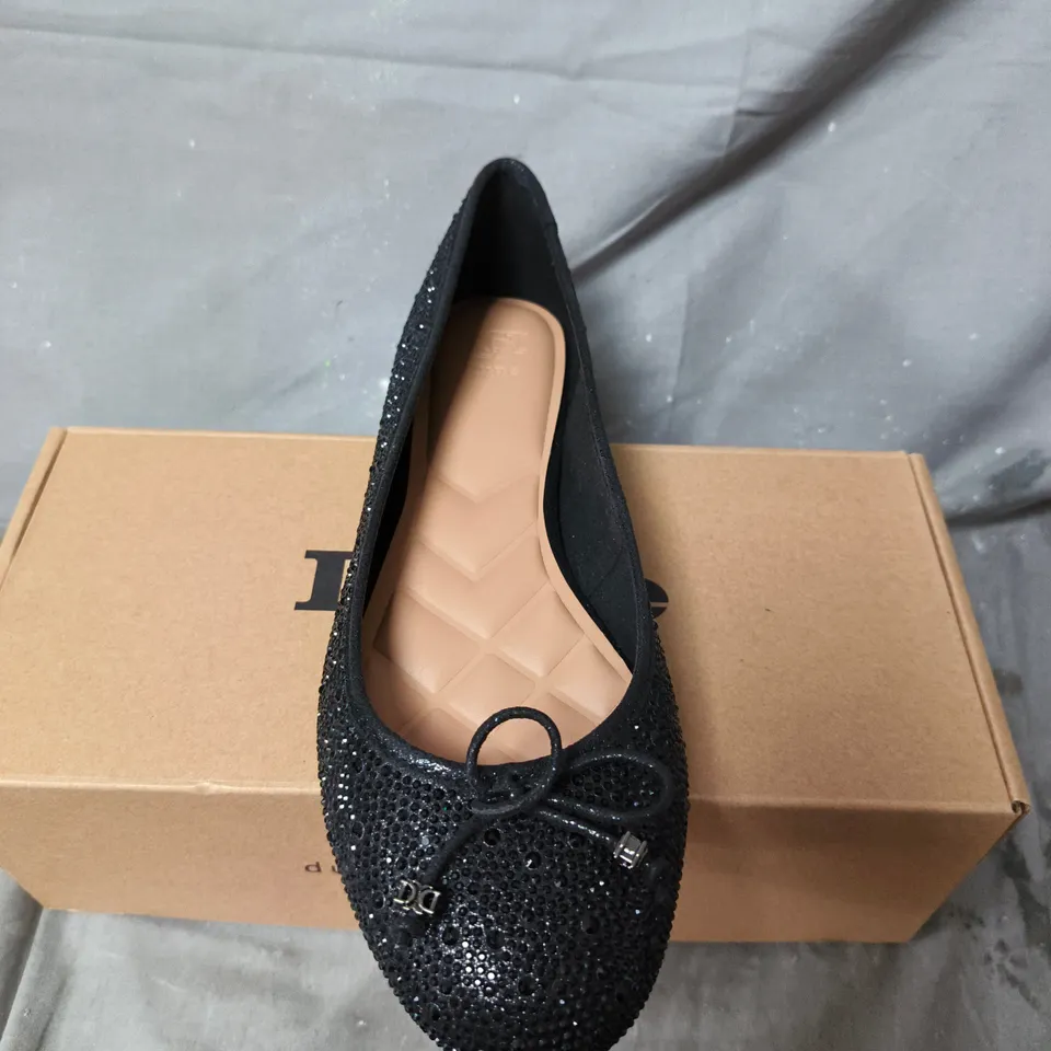 DUNE LONDON BLACK CRYSTAL-EMBELLISHED BALLET FLATS - BOXED - SIZE 7
