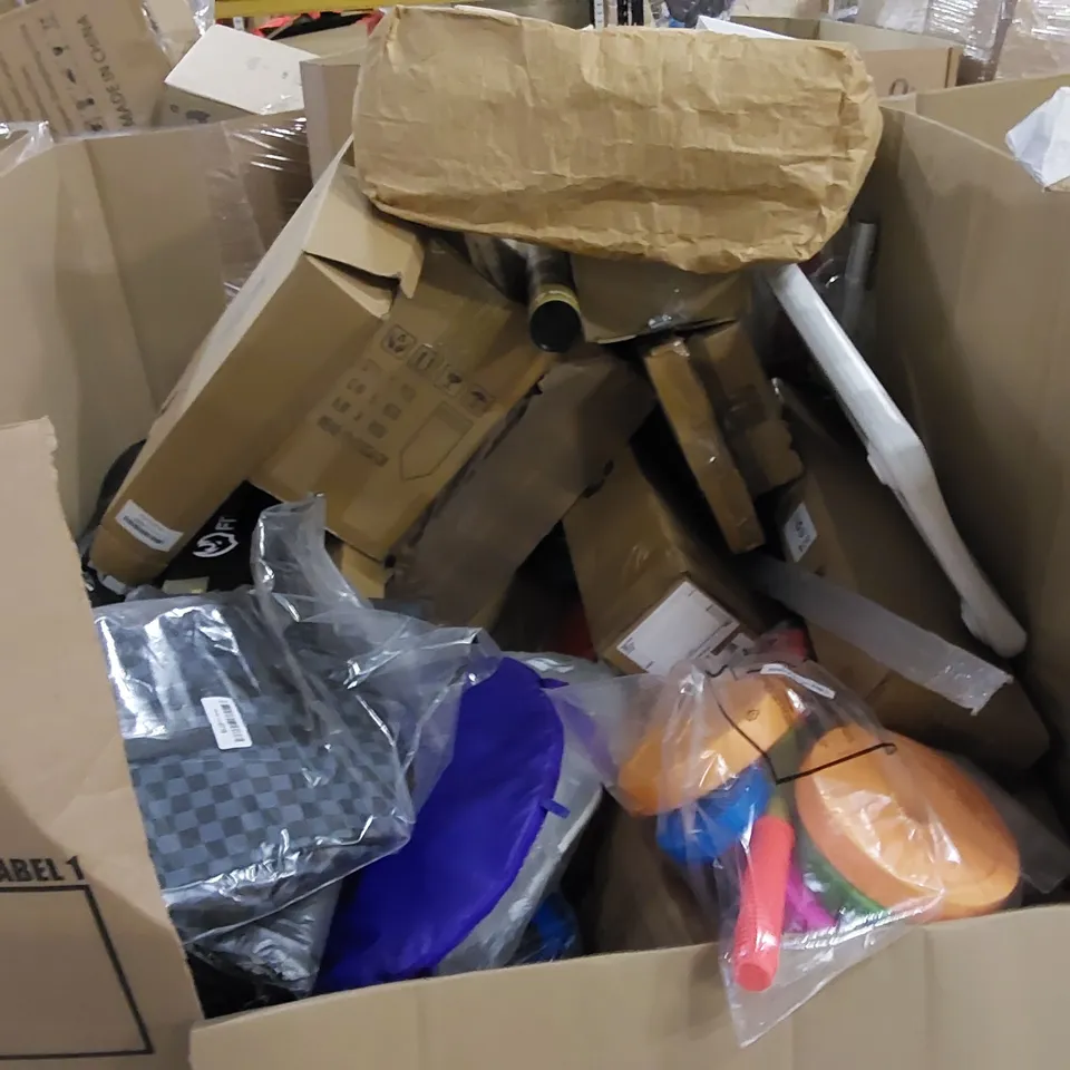 PALLET TO CONTAIN ASSORTED HOUSEHOLD ITEMS AND CONSUMER PRODUCTS. INCLUDING VACUUM CLEANER, TOILET SEATS, KIDS SCOOTER, GAMING KEYBOARD, TELESCOPE, BOXED FURNITURE ETC