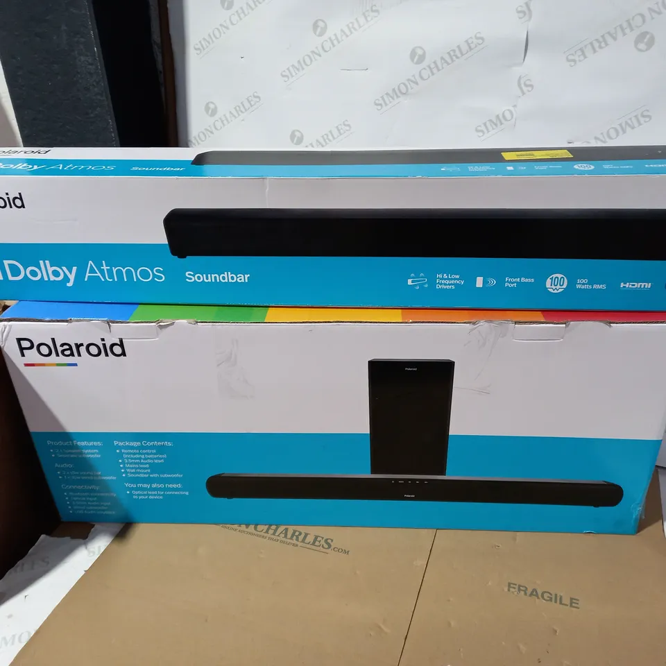 LOT OF 2 ASSORTED POLAROID AUDIO ITEMS TO INCLUDE SOUNDBAR AND SPEAKER SYSTEM