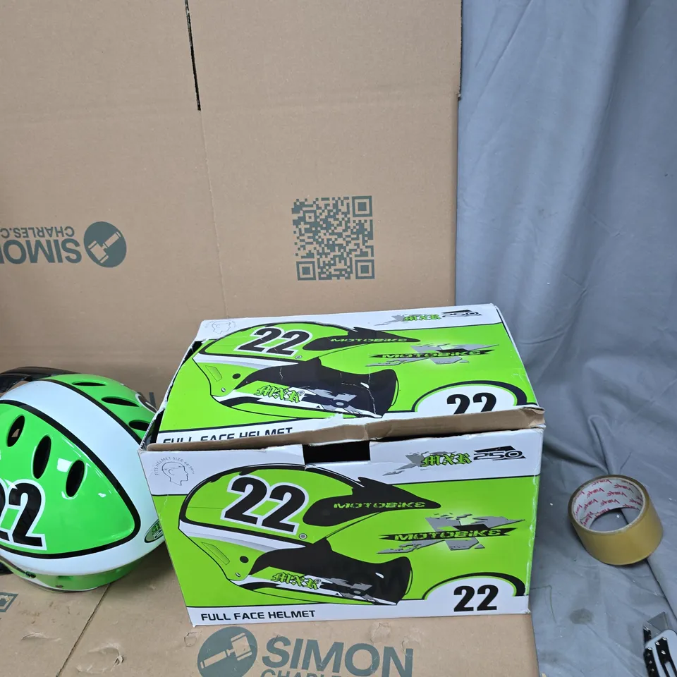 FULL-FACE MOTORCYCLE HELMET IN NEON GREEN AND BLACK WITH NUMBER 22