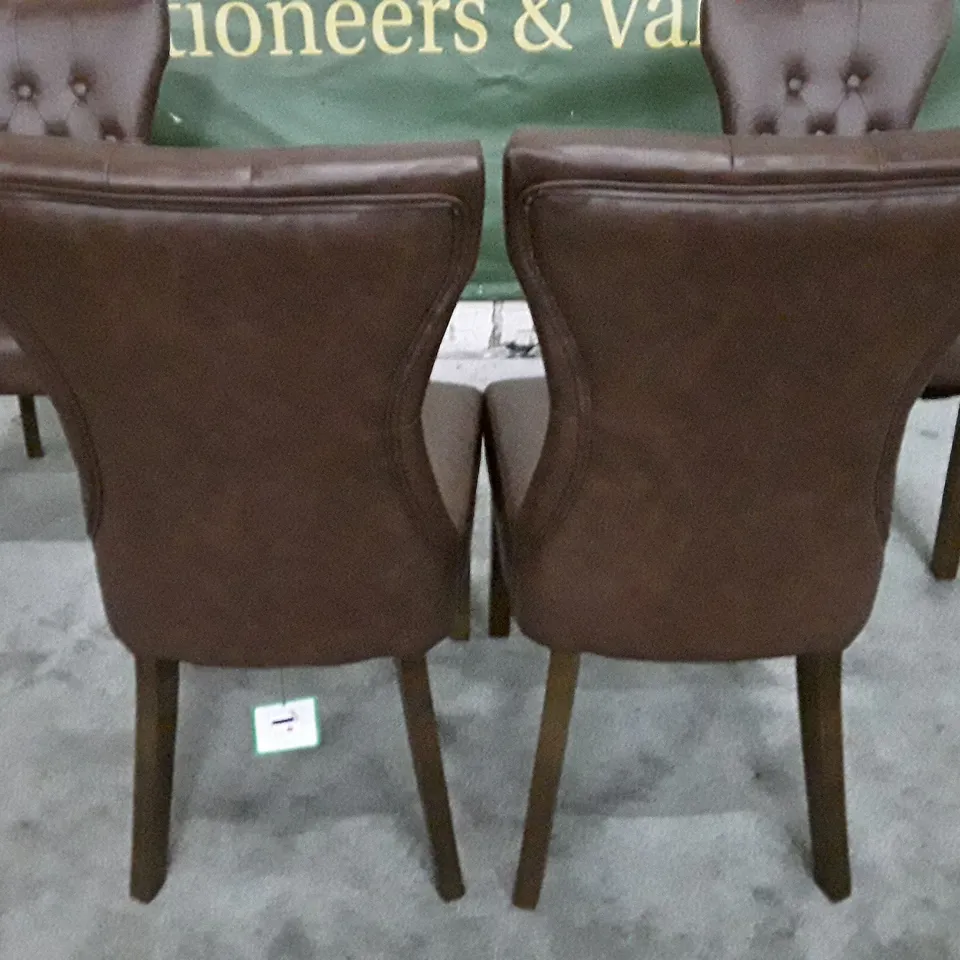 SET OF 4 BEWLEY CLUB BROWN LEATHER BUTTON BACK DINING CHAIRS (DARK OAK LEG)