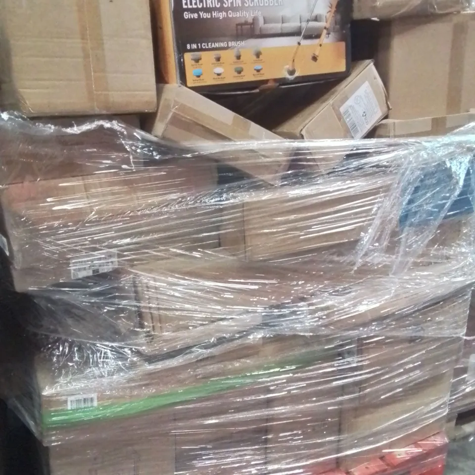 PALLET CONTAINING VARIOUS ASSORTED BOXED ITEMS TO INCLUDE. AIR FRYERS, ELECTRIC SPIN SCRUBBER, CAT FOOD AND WATER BOWL SETS, COOKWARE SET AND LOTS MORE UNMARKED BOXED ITEMS 