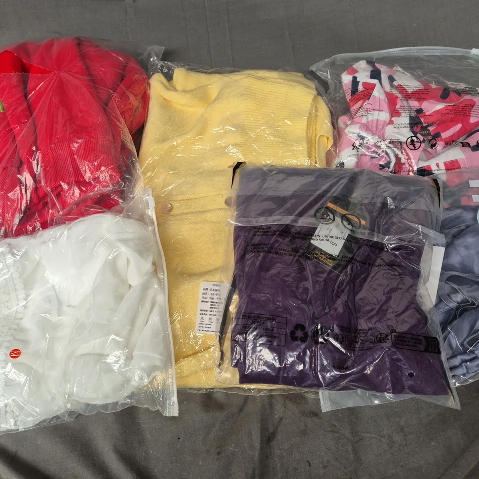 LARGE BOX OF ASSORTED CLOTHING ITEMS IN VARIOUS SIZES, STYLES AND COLOUR 