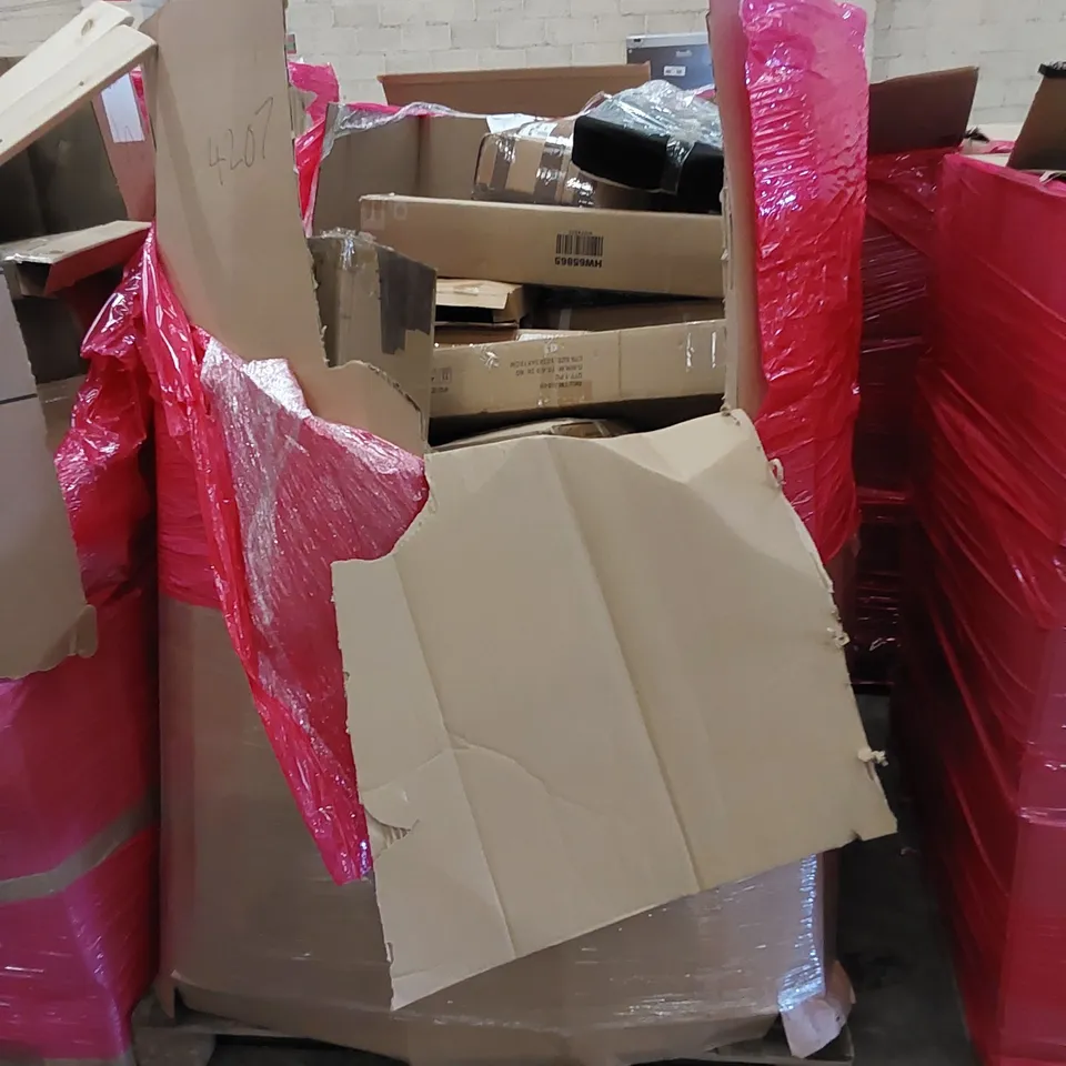 PALLET OF ASSORTED HOUSEHOLD ITEMS AND CONSUMER PRODUCTS. INCLUDES TOILET SEAT, BLADELESS PURIFIER & HEATER FAN, BOXED FURNITURE ETC