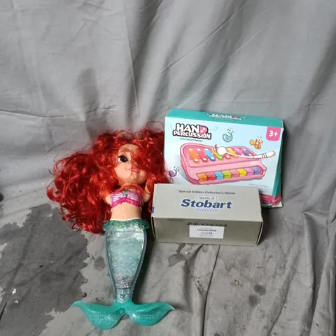 APPROXIMATELY 10 ASSORTED TOYS AND GAMES INCLUDING MERMAID DOLL, WORLD OF STOBART DOZER MODEL AND HAND PERCUSSION KIT