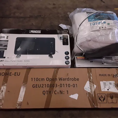 PALLET OF ASSORTED PRODUCTS INCLUDING GLASS PANEL HEATER, 110CM OPEN WARDROBE, ECOHEATER, MATTRESS TOPPER 