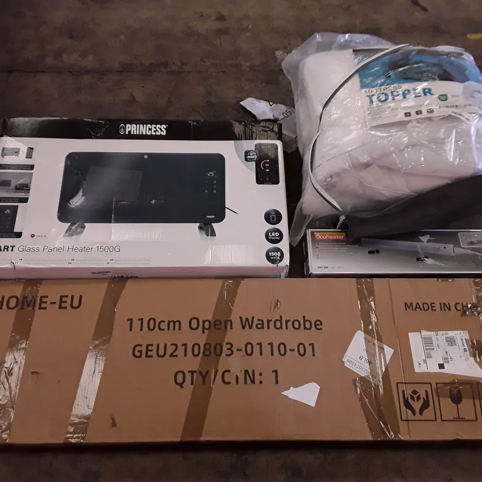PALLET OF ASSORTED PRODUCTS INCLUDING GLASS PANEL HEATER, 110CM OPEN WARDROBE, ECOHEATER, MATTRESS TOPPER 