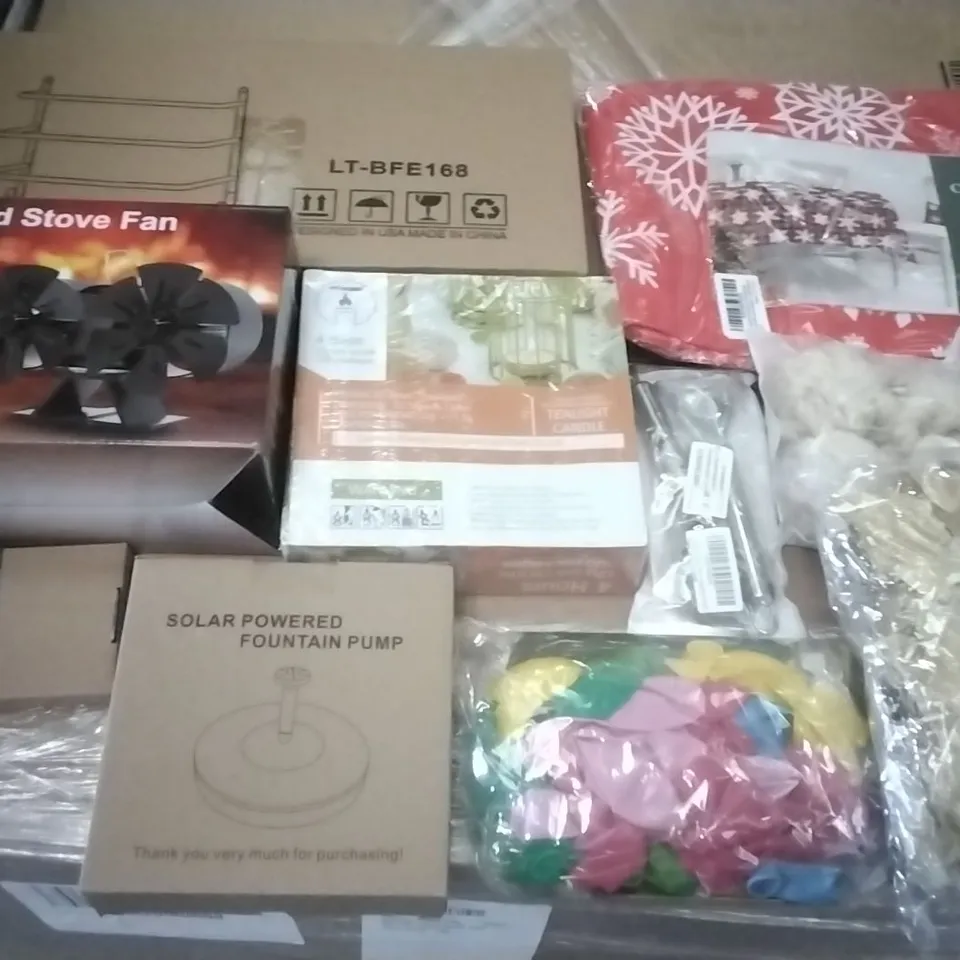 PALLET OF ASSORTED ITEMS INCLUDING WOOD STOVE FAN, SOLAR POWERED FOUNTAIN PUMP, TOWEL RAILS, CHRISTMAS TABLECLOTH, JUNGLE ANIMAL PARTY SUPPLIES, 2PCX POTATOE PEEL SET