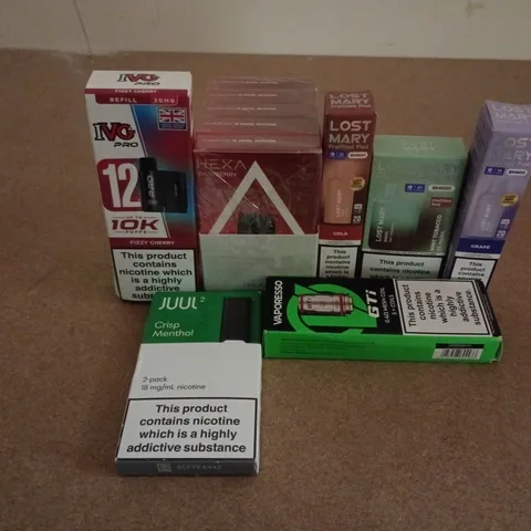 APPROXIMATELY 20 ASSORTED E-CIGARETTE PRODUCTS TO INCLUDE BRANDS SUCH AS IVG, LOST MARY, JUUL2, ETC - COLLECTION ONLY