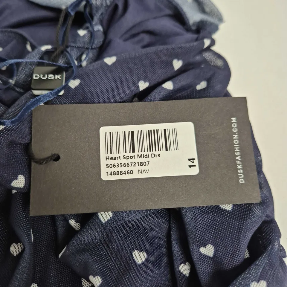 DUSK HEART SPOT MIDI DRESS – NAVY WITH WHITE HEARTS, UK 14