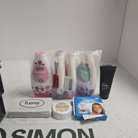 TOTE OF APPROXIMATELY 10 ASSORTED ITEMS INCLUDING SINFUL ANAL WATER-BASED LUBRICANT, SNAPON SMILE AND NUAGE BODY POWDER