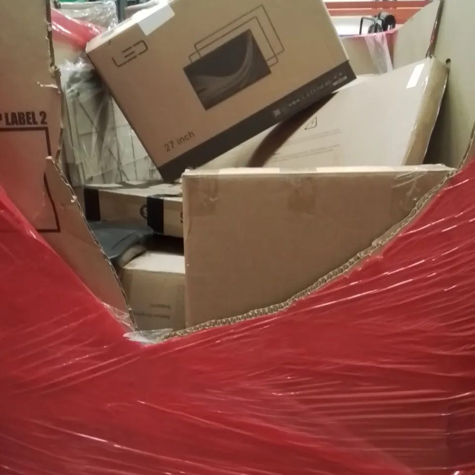 PALLET CONTAINING VARIOUS ASSORTED BOXED HOUSEHOLD ITEMS TO INCLUDE:27INCH LED MONITOR,PLAYPEN AND LOTS MORE UNMARKED BOXED ITEMS 