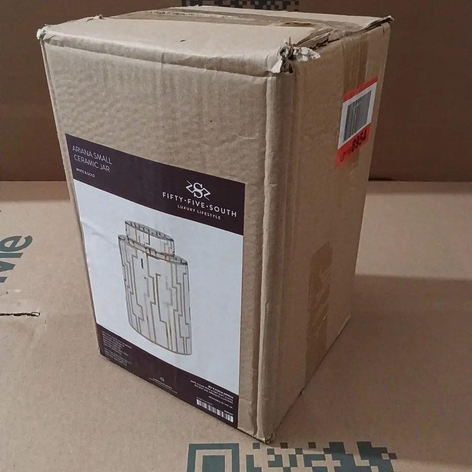 BOXED FIFTY FIVE SOUTH ARIANA CERAMIC JAR, SMALL - WHITE & GOLD (1 BOX)
