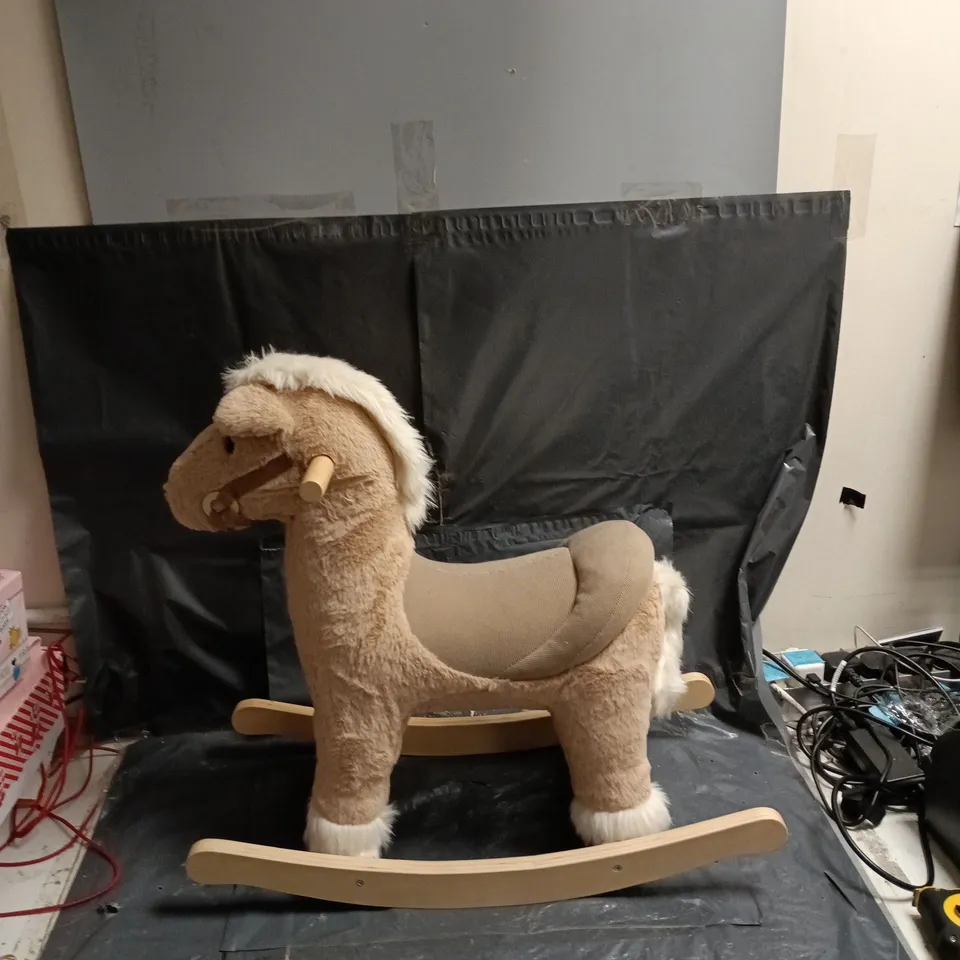 PLUSH ROCKING HORSE TOY WITH WOODEN ROCKERS, BEIGE WITH WHITE MANE