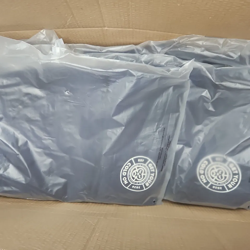 APPROXIMATELY 20 ASSORTED BAGGED CLOTHING ITEMS IN VARIOUS SIZES TO INCLUDE MENS GET YOUR COLD ON SHORTS IN NAVY & LADIES BRASS MONKEY SHORTS IN SKY BLUE