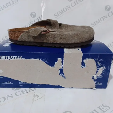 BOXED PAIR OF BIRKENSTOCK BOSTON SLIP-ON SHOES IN TAUPE COLOUR UK SIZE 5