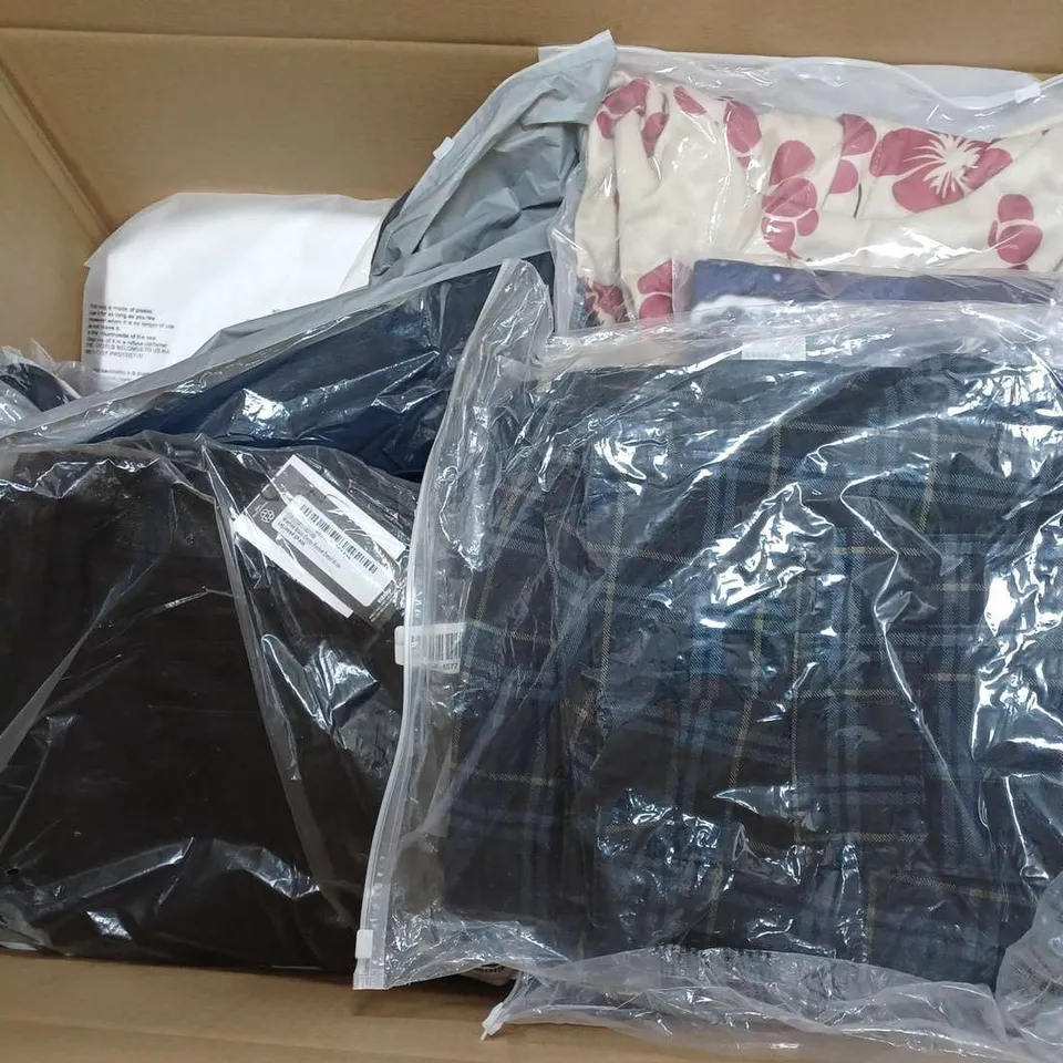 BOX OF APPROXIMATELY 22 ASSORTED CLOTHING ITEMS TO INCLUDE - TROUSERS , T-SHIRT , DRESS ETC