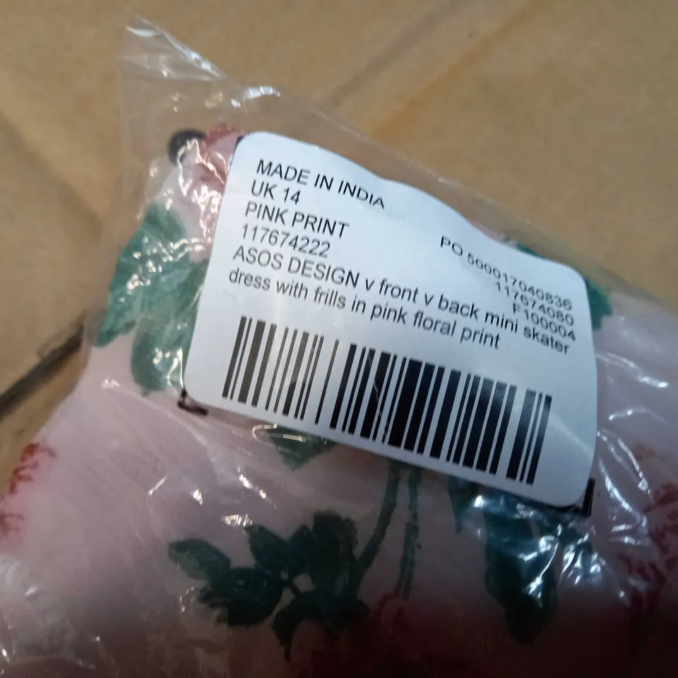 PACKAGED ASOS PINK/FLORAL V FRONT/BACK MINI SKATER DRESS - SIZE 14