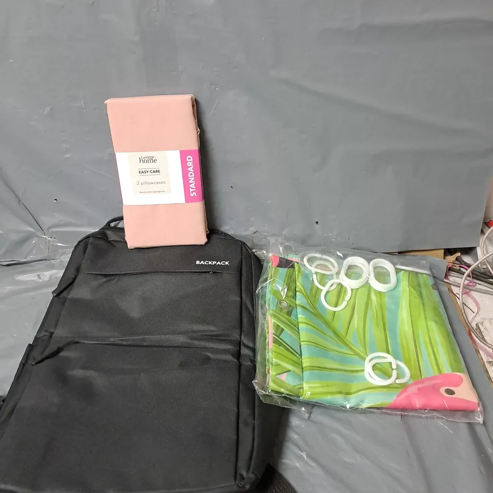 APPROXIMATELY 15 ASSORTED HOUSEHOLD ITEMS TO INCLUDE PILLOWCASES, BACKPACK AND A SHOWER CURTAIN