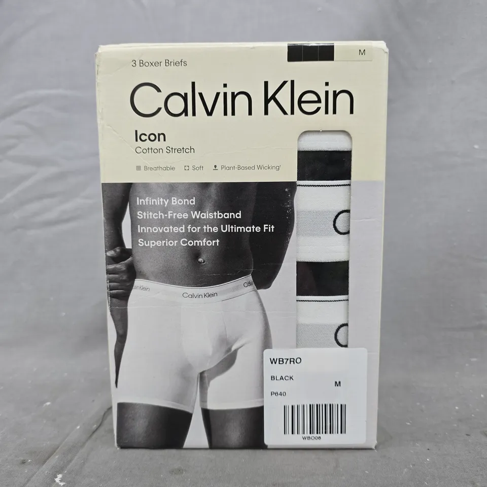 CALVIN KLEIN ICON COTTON STRETCH BOXER BRIEFS 3-PACK IN BLACK - SIZE MEDIUM
