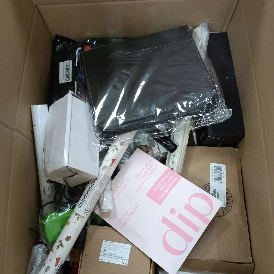 BOX OF APPROXIMATELY 25 ASSORTED ITEMS INCLUDING DIP EXTRA SENSITIVE ECO LAUNDRY DETERGENT SHEETS,M  WRAPPING PAPER AND  WATER BOTTLE