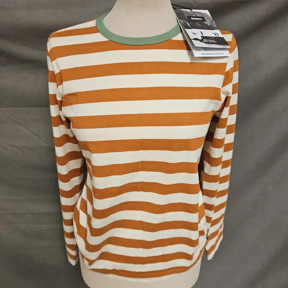 FINISTERRE ELDON LONG SLEEVE STRIPE TEE IN ECRU/DARK OCHRE SIZE 10
