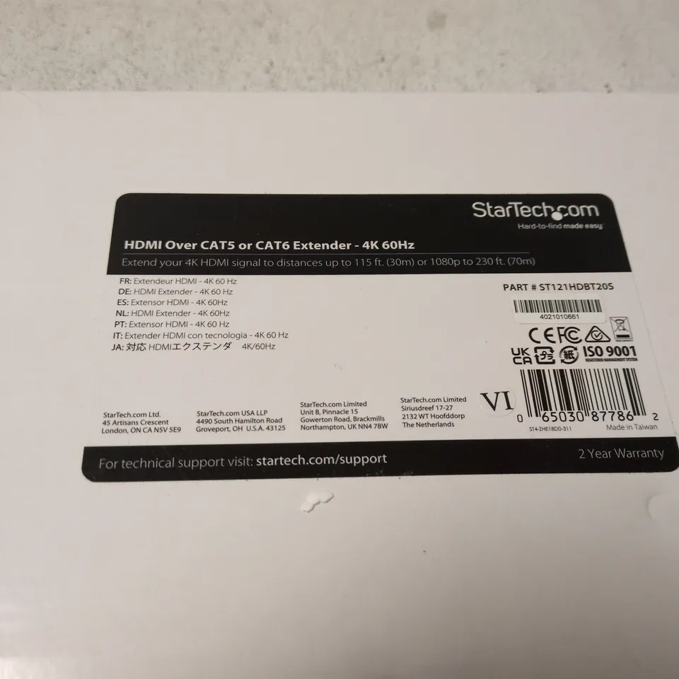 STARTECH HDMI OVER CAT5 OR CAT5 EXTENDER – 4K 60HZ (2 X TRANSMITTERS) IN BOX